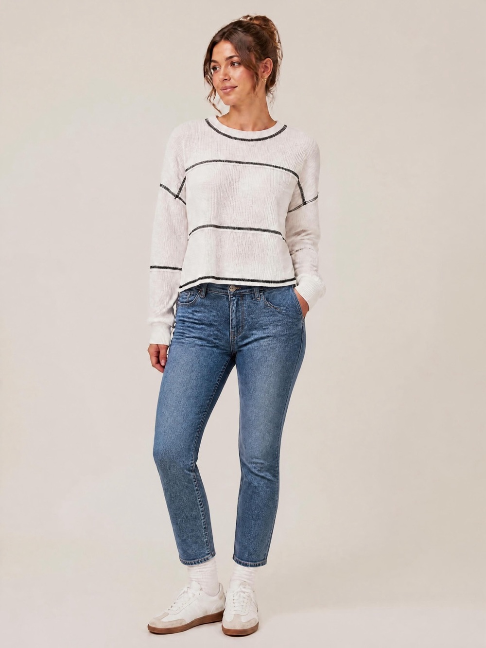 Hollister White Long Sleeve Crew with Black Stripe Accents